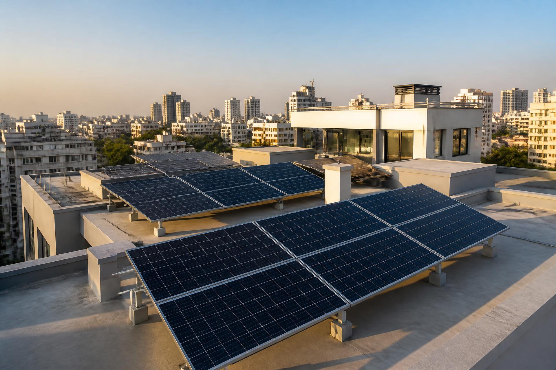 Solar panel array installed on an Indian rooftop with the city skyline behind it