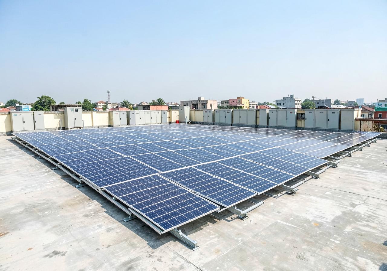 Commercial rooftop solar system with long rows of panels on a building in Uttar Pradesh