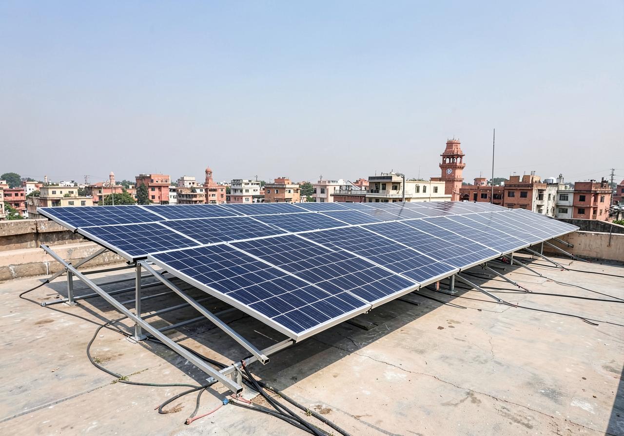 Rooftop solar panel array installed on a residential terrace in Agra, Uttar Pradesh