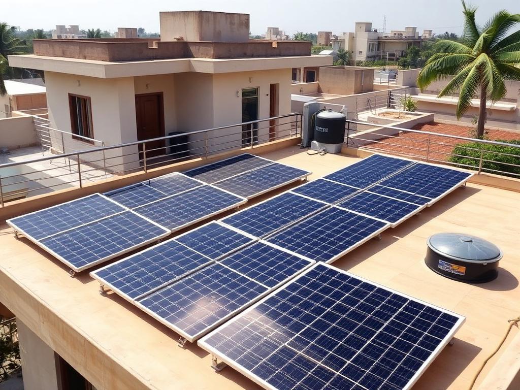 Rooftop solar panel array installed on the terrace of an Indian residential house